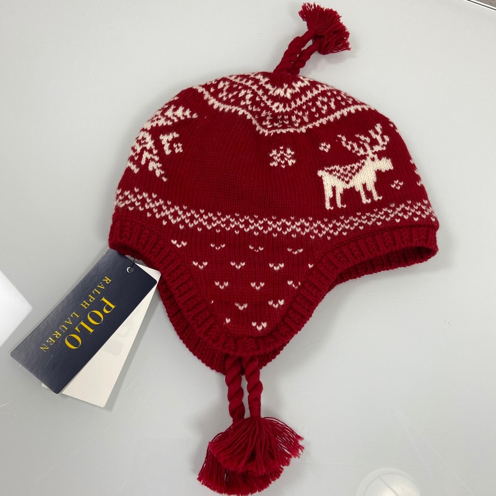 Polo Ralph Lauren Kids 4-6X Red Fair Isle Earflap Hat NWT Reindeer Fleece Lined